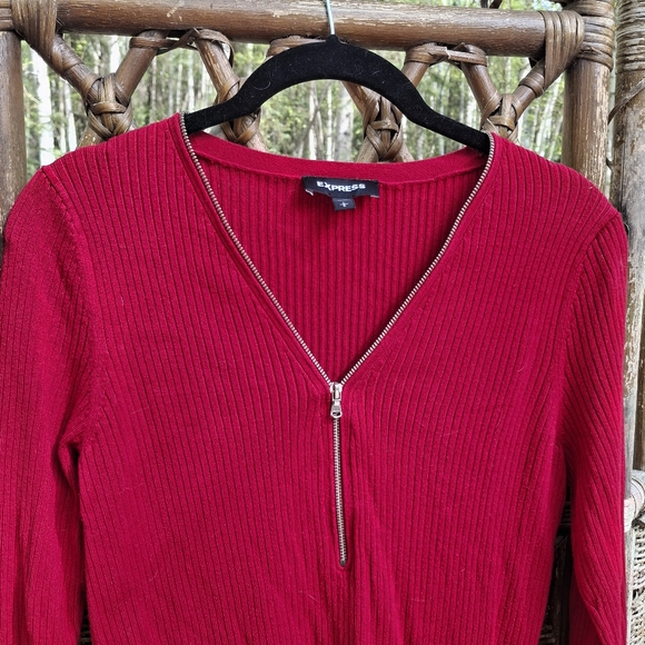 Express Red Ribbed Zip-Up Sweater - Picture 4 of 4